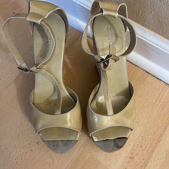 JIMMY CHOO Beige Patent Leather Pela Cork Wedge T Strap Sandals Size 38.5 - Picture 7 of 12